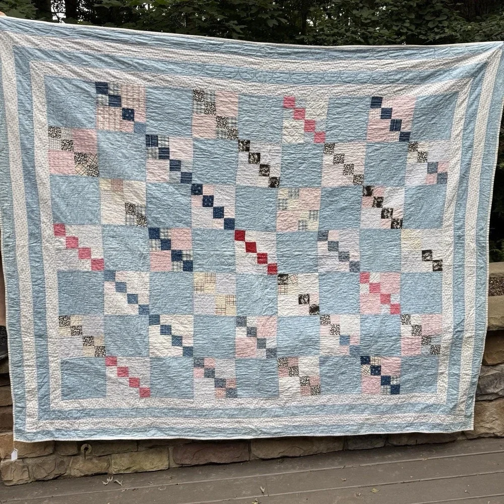Vintage Hand Quilted Patchwork Quilt Full Blue Pink Cottage Farmhouse Cotton